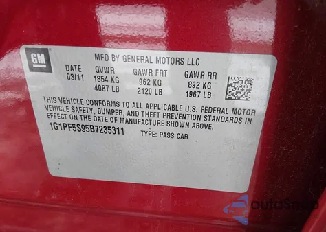 2011 Chevrolet Cruze 1Lt z USA, uszkodzony, nr VIN 1G1PF5S95B7235311